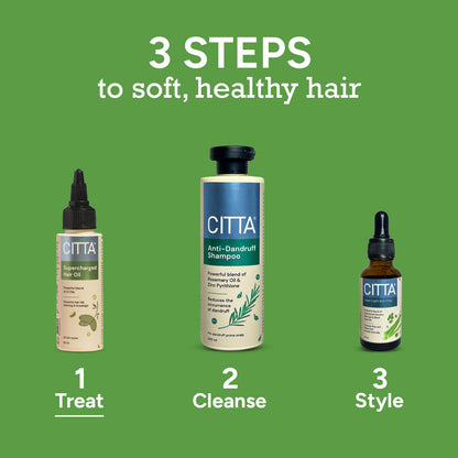 3 steps to soft, healthy hair – treat with citta supercharged hair oil, cleanse with anti-dandruff shampoo, style with citta super light anti-frizz hair serum – hair growth & hair fall control routine