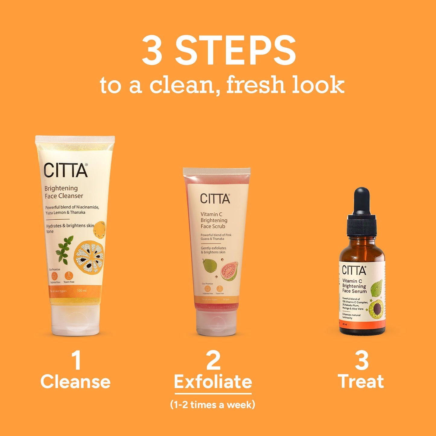 50gm $$** 3 steps to a clean, fresh look with CITTA – Cleanse with Brightening Face Cleanser, Exfoliate with Vitamin C Scrub, Treat with Face Serum