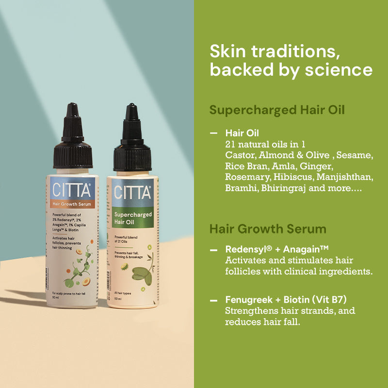 CITTA Supercharged Hair Oil & Hair Growth Serum Combo | Deep Repair & Boosting Formula | 21 Natural Oils + Potent Actives | For All Scalp Types | Men & Women | 50ml + 50ml