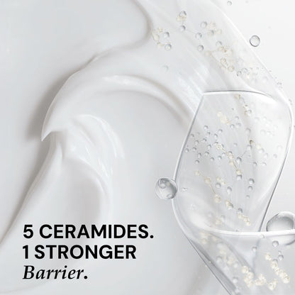  white skincare product with text '5 ceramides. 1 stronger barrier.' on a light gray background