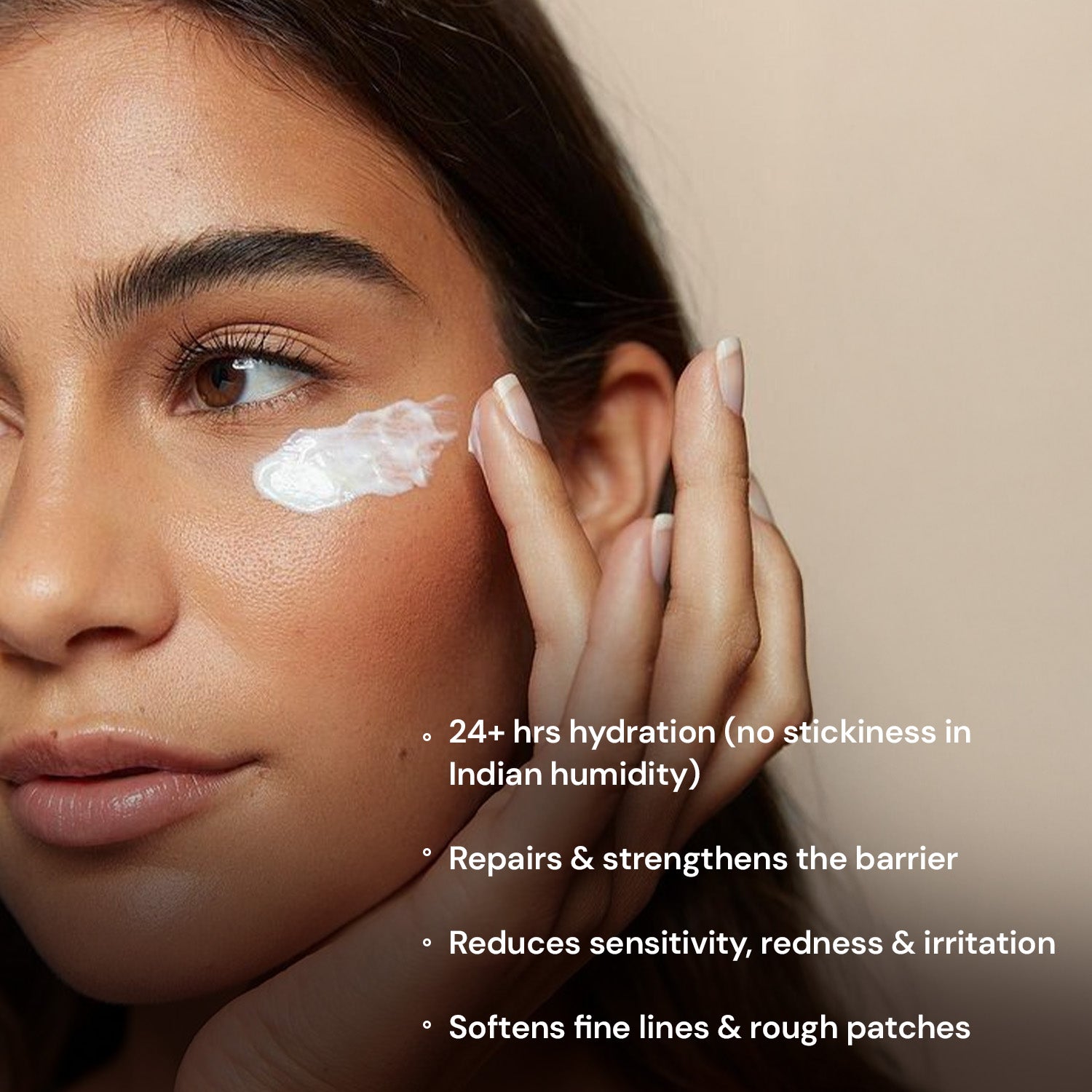  Woman applying cream to her face with text highlighting skincare benefits.