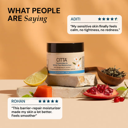  citta ceramides and white tea moisturizer jar with customer reviews and natural ingredients on a wooden surface