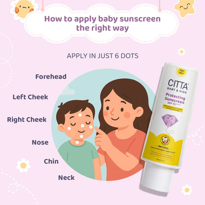 baby sunscreen application in 6 dots – forehead, nose, chin, neck & cheeks