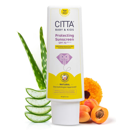  baby sunscreen spf 70 pa++++ with aloe vera, himalayan apricot, calendula & almond butter – age 6m+