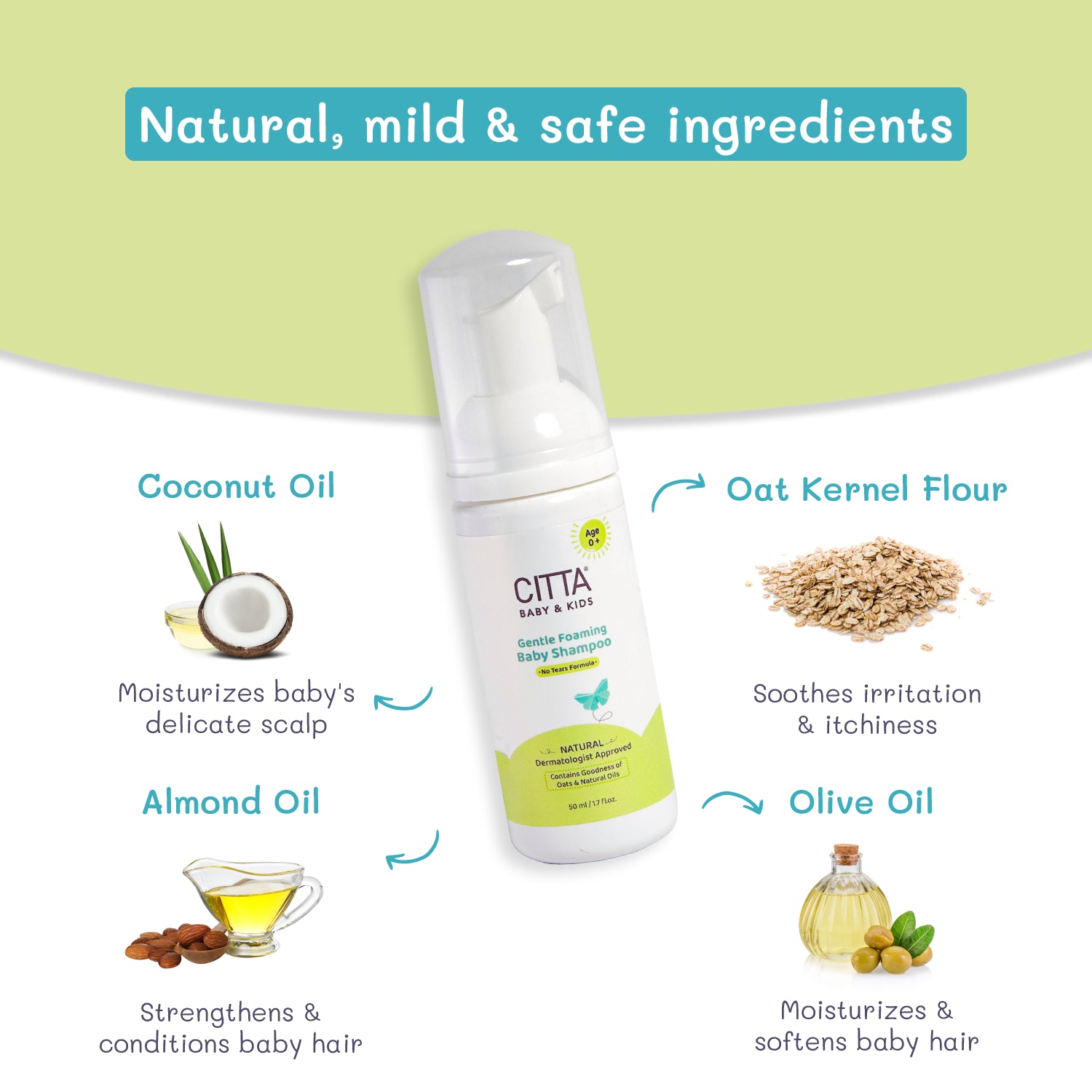 Best Baby Shampoo in India with Natural Ingredients – Coconut Oil, Almond Oil, Oat Kernel Flour and Olive Oil