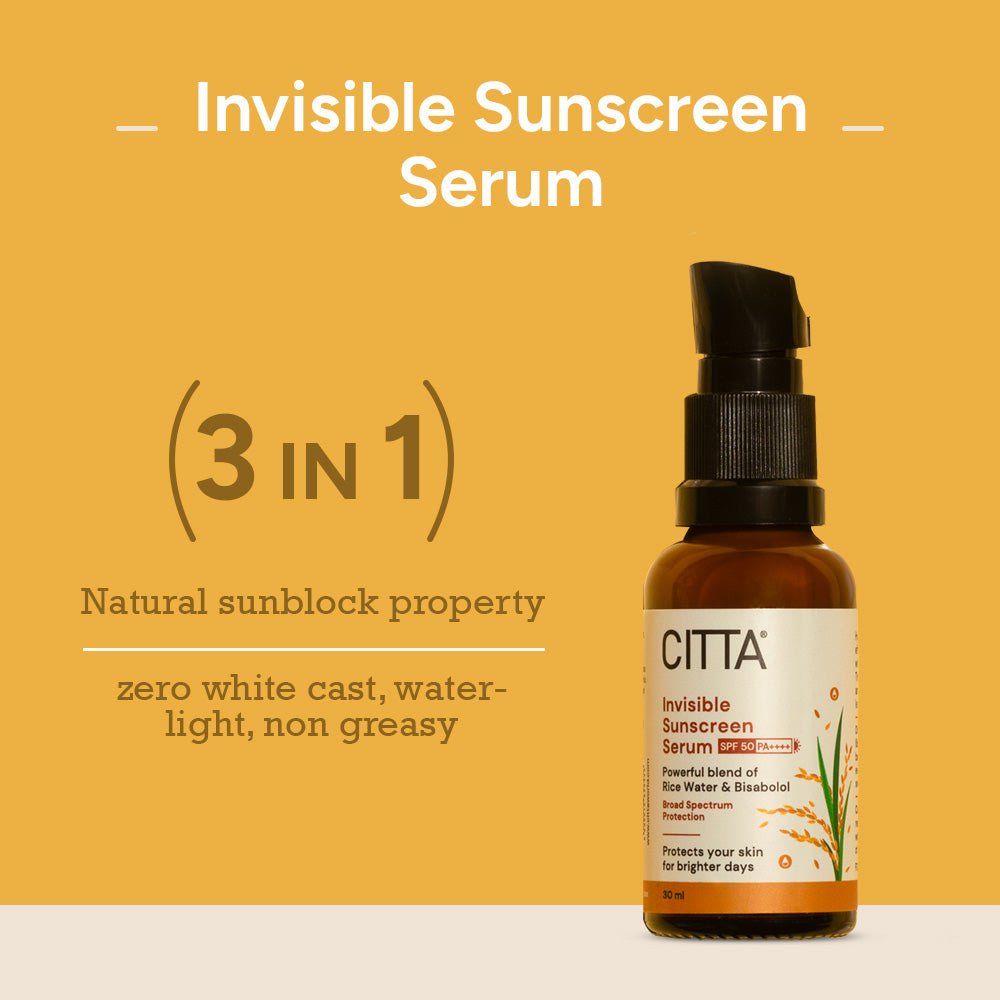 Buy CITTA Invisible Sunscreen Serum SPF 50 PA++ online in India – 3-in-1 formula with natural sunblock, rice water & bisabolol, zero white cast and non-greasy texture