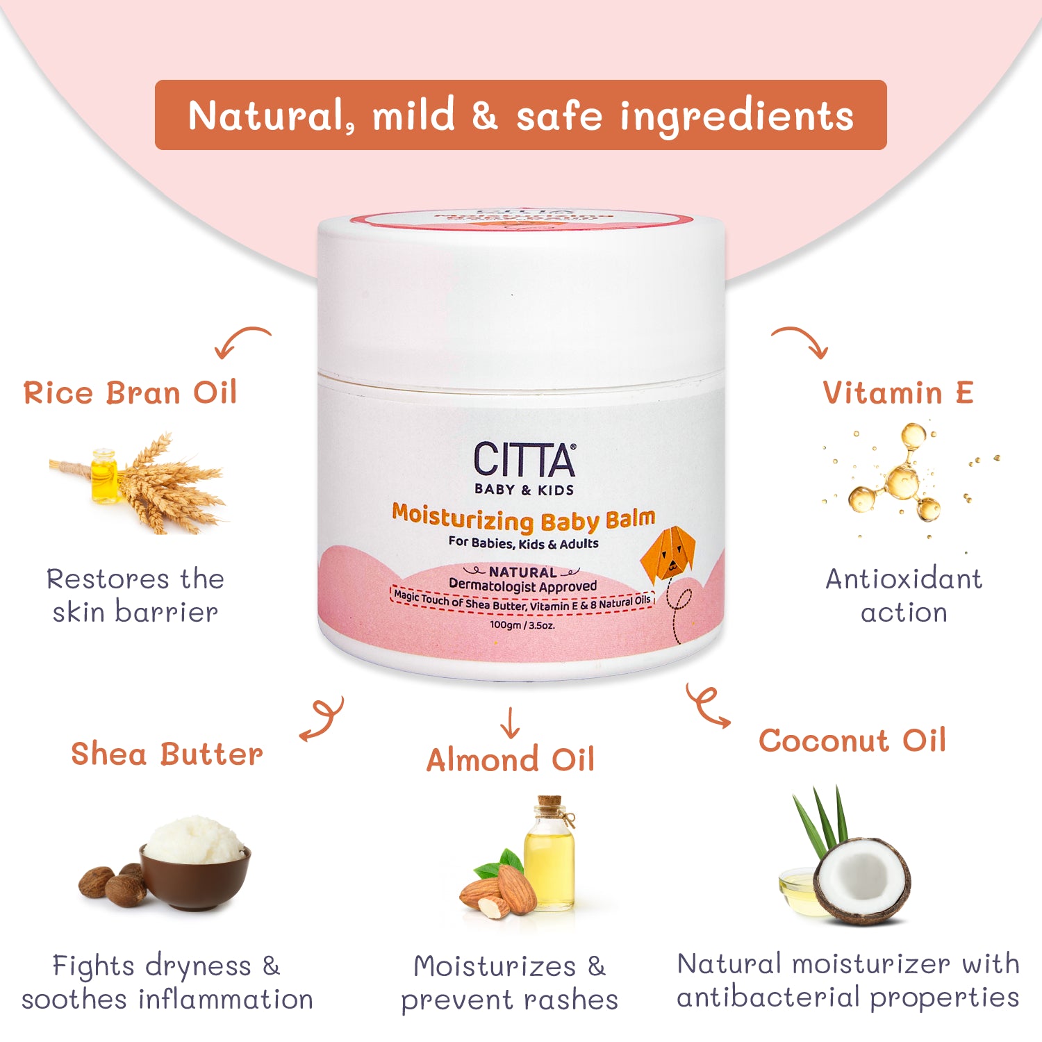  CITTA - Natural Moisturizing Baby Balm (Moisturiser) best for Baby & Kids - Made from Rice bran oil, Shea butter, Almond Oil, Coconut Oil & Vitamin E