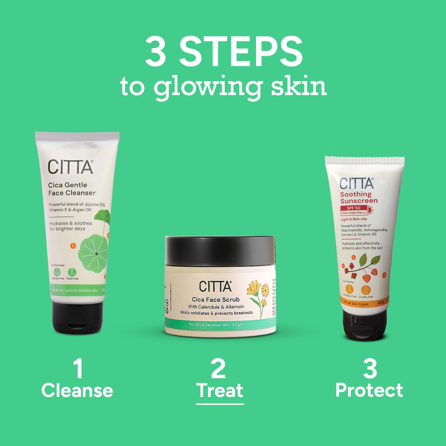 50gm $$** CITTA 3 Step Skincare Routine – Cleanse, Exfoliate with Cica Face Scrub and Protect with Sunscreen