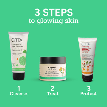  citta 3 step skincare routine – cleanse, exfoliate with cica face scrub and protect with sunscreen