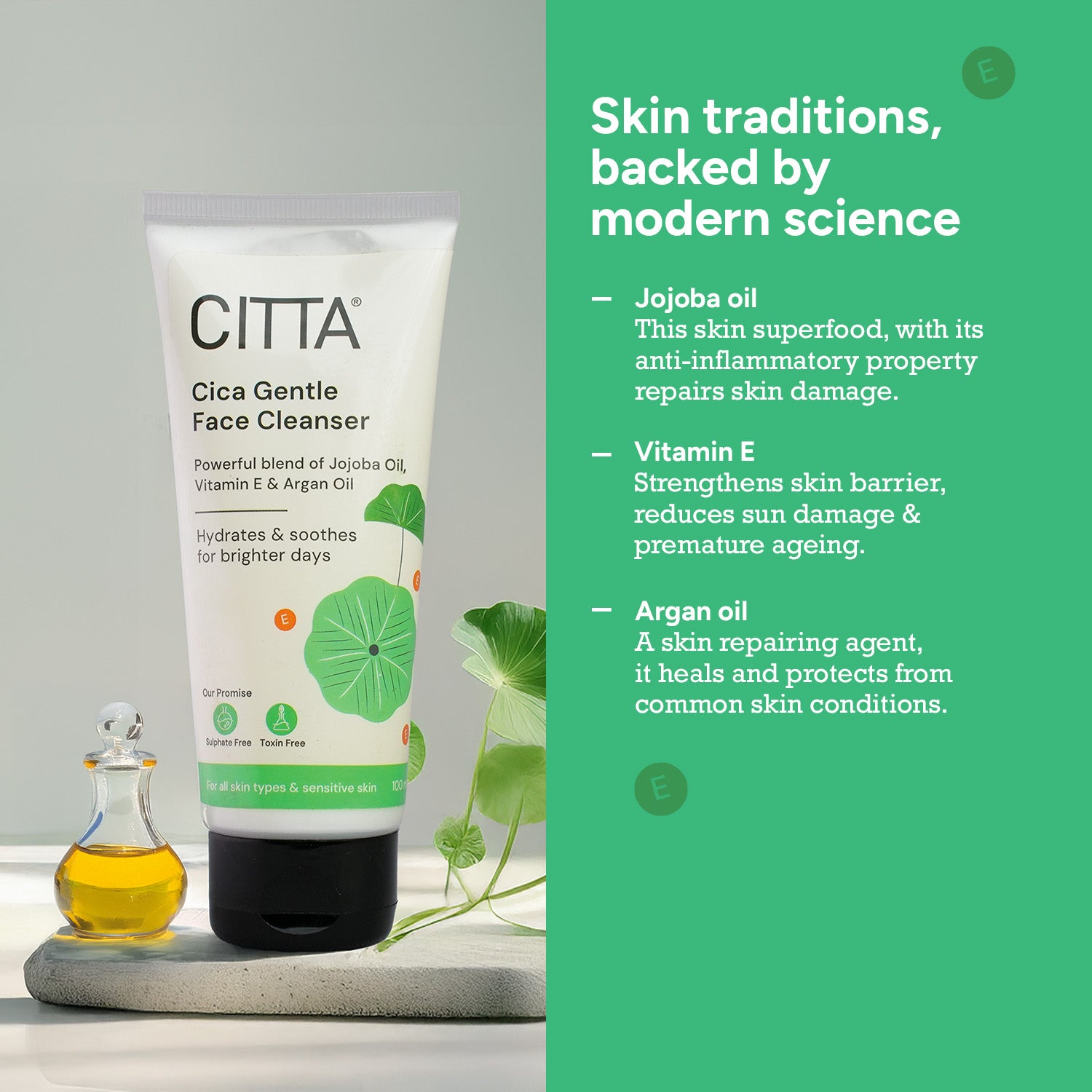  CITTA Cica Gentle Face Cleanser Ingredients – Jojoba Oil, Vitamin E, and Argan Oil for Nourished and Healthy Skin