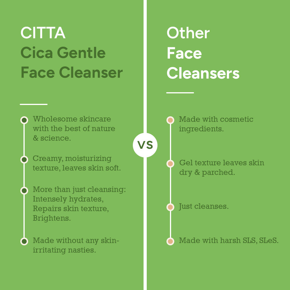 CITTA Cica face wash with creamy hydrating texture vs harsh cleansers with SLS – safe for sensitive skin