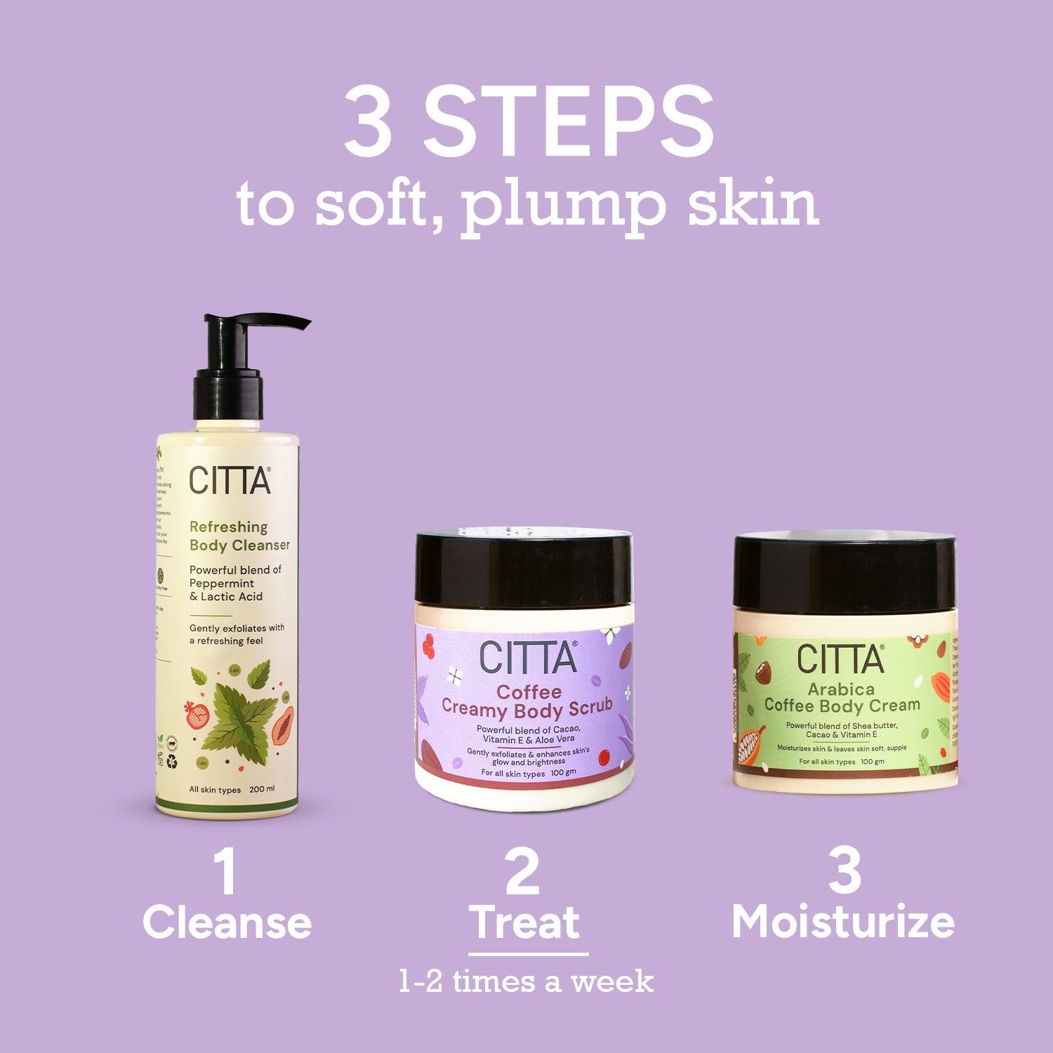  CITTA Coffee Scrub skincare routine with cleanser, scrub and coffee body cream for soft, glowing skin