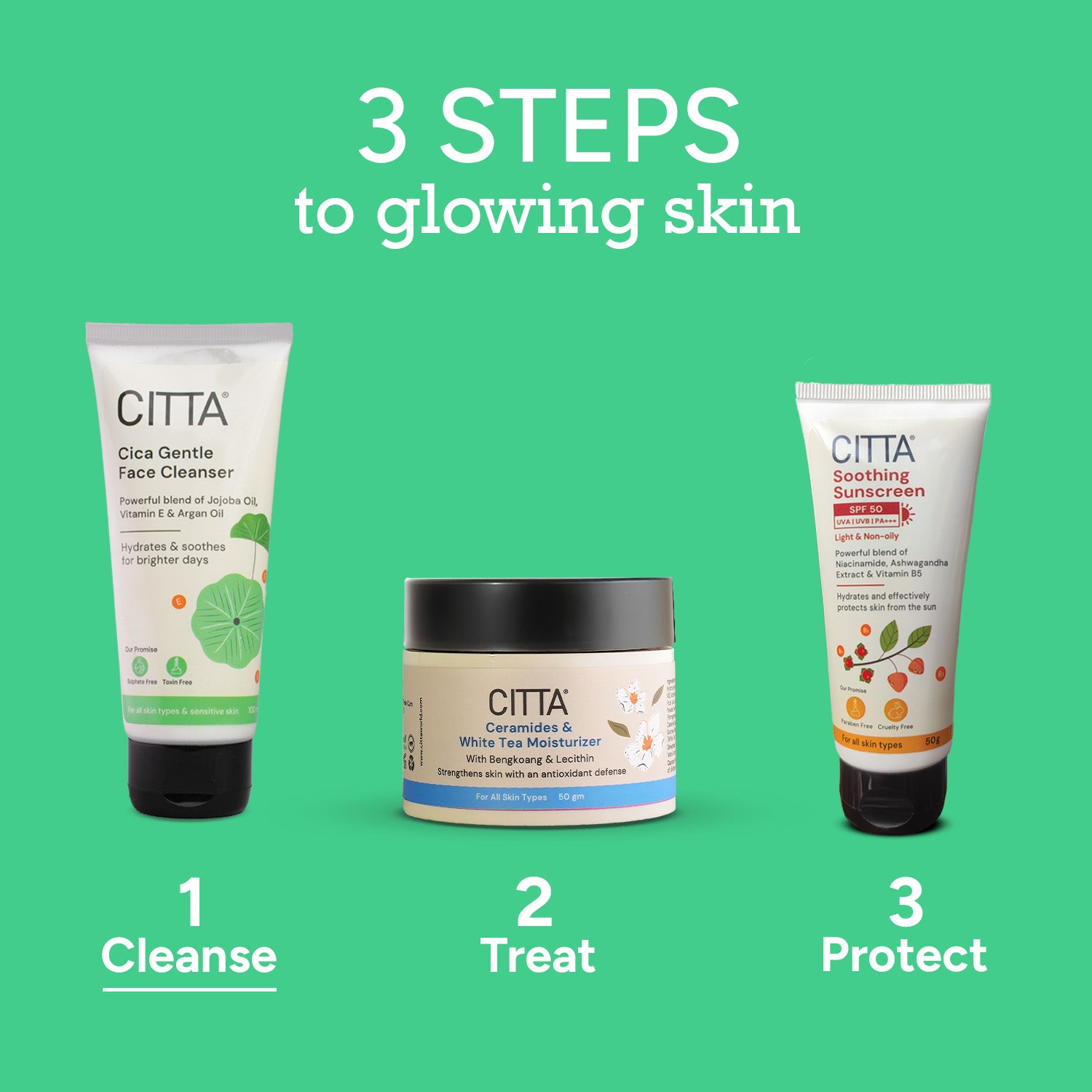  CITTA Glowing Skin Routine – 3 Steps: Cleanse with Cica Gentle Face Cleanser, Treat with Ceramides & White Tea Moisturizer, Protect with Soothing Sunscreen SPF 50 PA+++