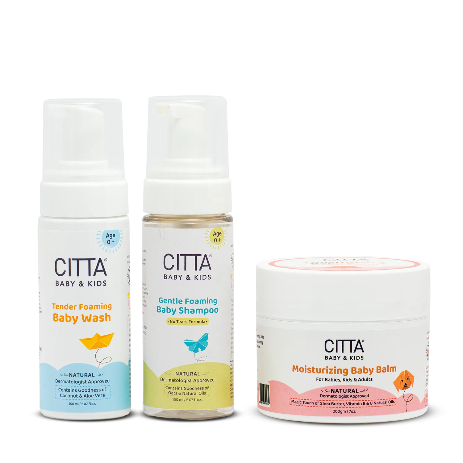  CITTA Mini Baby Care Kit – Coconut & Aloe Vera Wash, Oats Shampoo & Shea Butter Baby Balm for Age 0+

