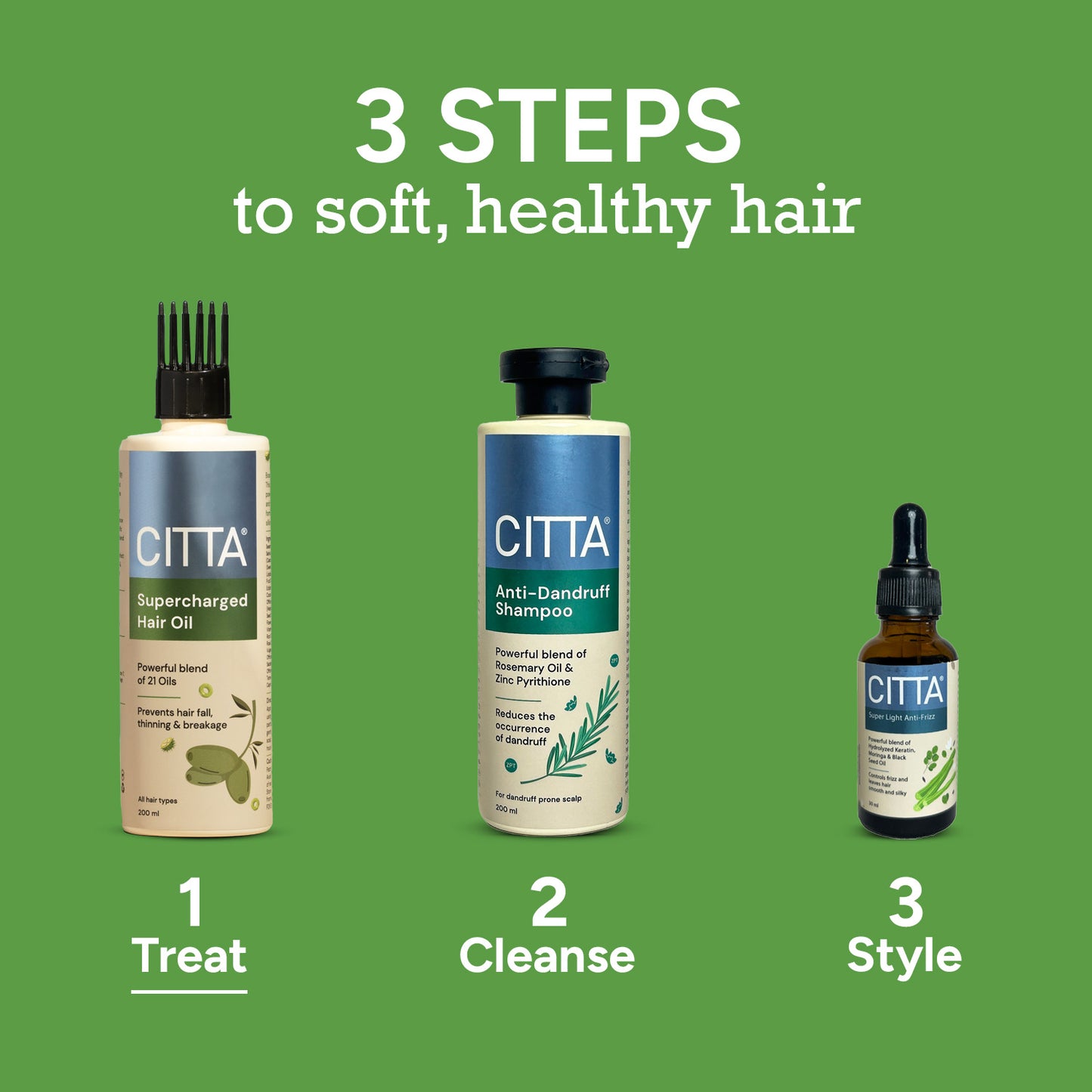 200 ml $$** CITTA Supercharged Hair Oil 200ml – 3 Steps to Soft, Healthy Hair: Treat with Supercharged Hair Oil, Cleanse with Anti-Dandruff Shampoo, Style with Super Light Anti-Frizz Hair Serum