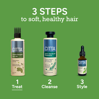  citta supercharged hair oil 200ml – 3 steps to soft, healthy hair: treat with supercharged hair oil, cleanse with anti-dandruff shampoo, style with super light anti-frizz hair serum