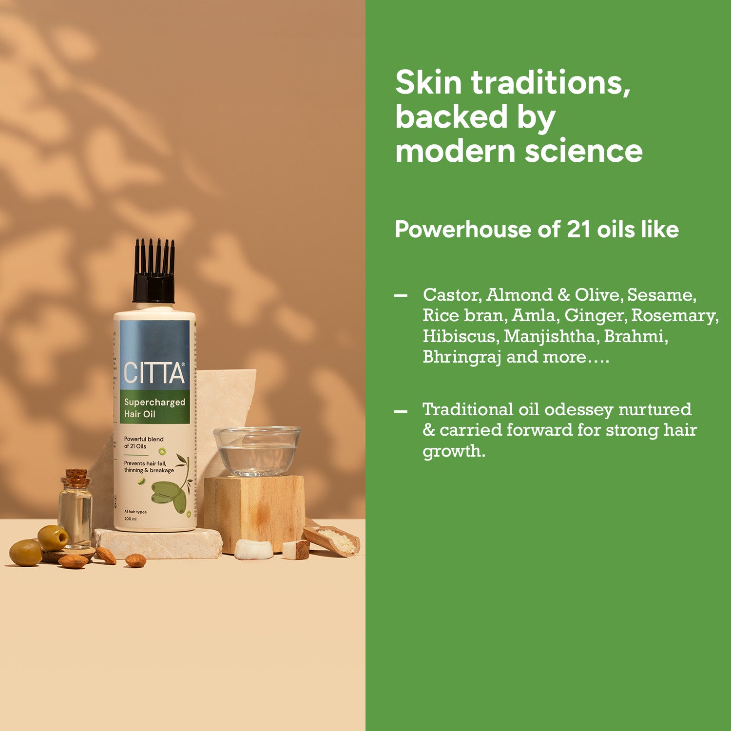  CITTA Supercharged Hair Oil 200ml – Powerhouse of 21 Traditional Oils like Sesame, Argan, Jojoba, Almond, Coconut, Bhringraj, Brahmi, Amla & More for Stronger Hair Growth