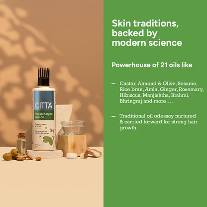  citta supercharged hair oil 200ml – powerhouse of 21 traditional oils like sesame, argan, jojoba, almond, coconut, bhringraj, brahmi, amla & more for stronger hair growth