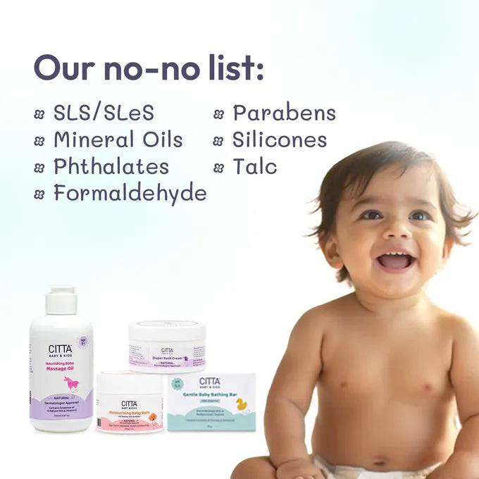 CITTA baby skincare products with no SLS, parabens, silicones, phthalates, mineral oils, formaldehyde, or talc – safe for babies and kids