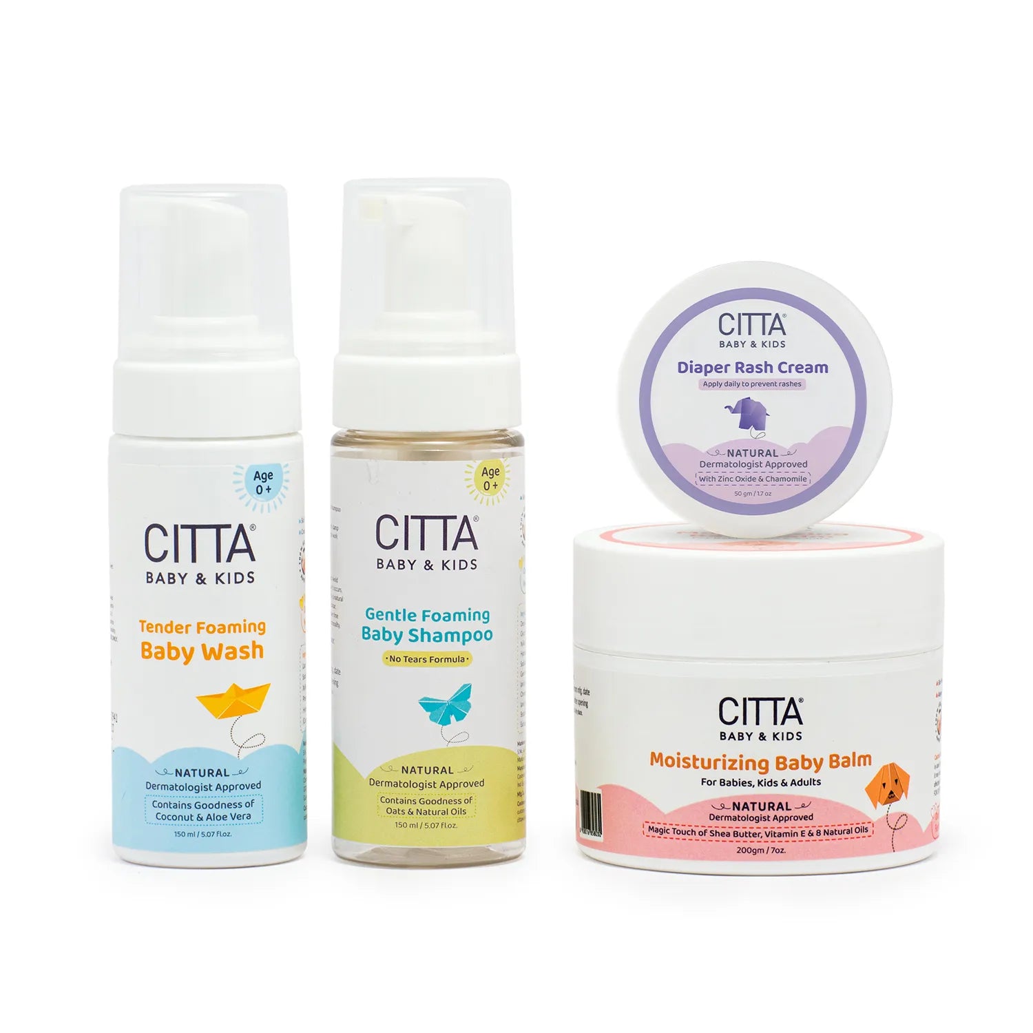  Complete CITTA Baby Care Products Set – Gentle Shampoo, Tender Wash, Diaper Rash Cream & Baby Balm for Monsoon Skincare