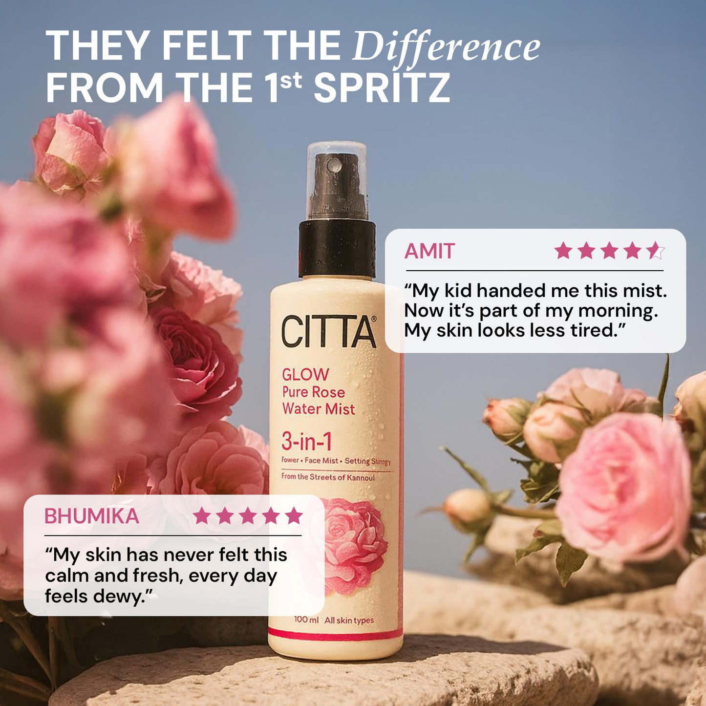 $$** Customer reviews for CITTA pure rose water face mist praising freshness glow and calming skin benefits