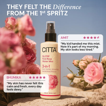  Customer reviews for CITTA pure rose water face mist praising freshness glow and calming skin benefits
