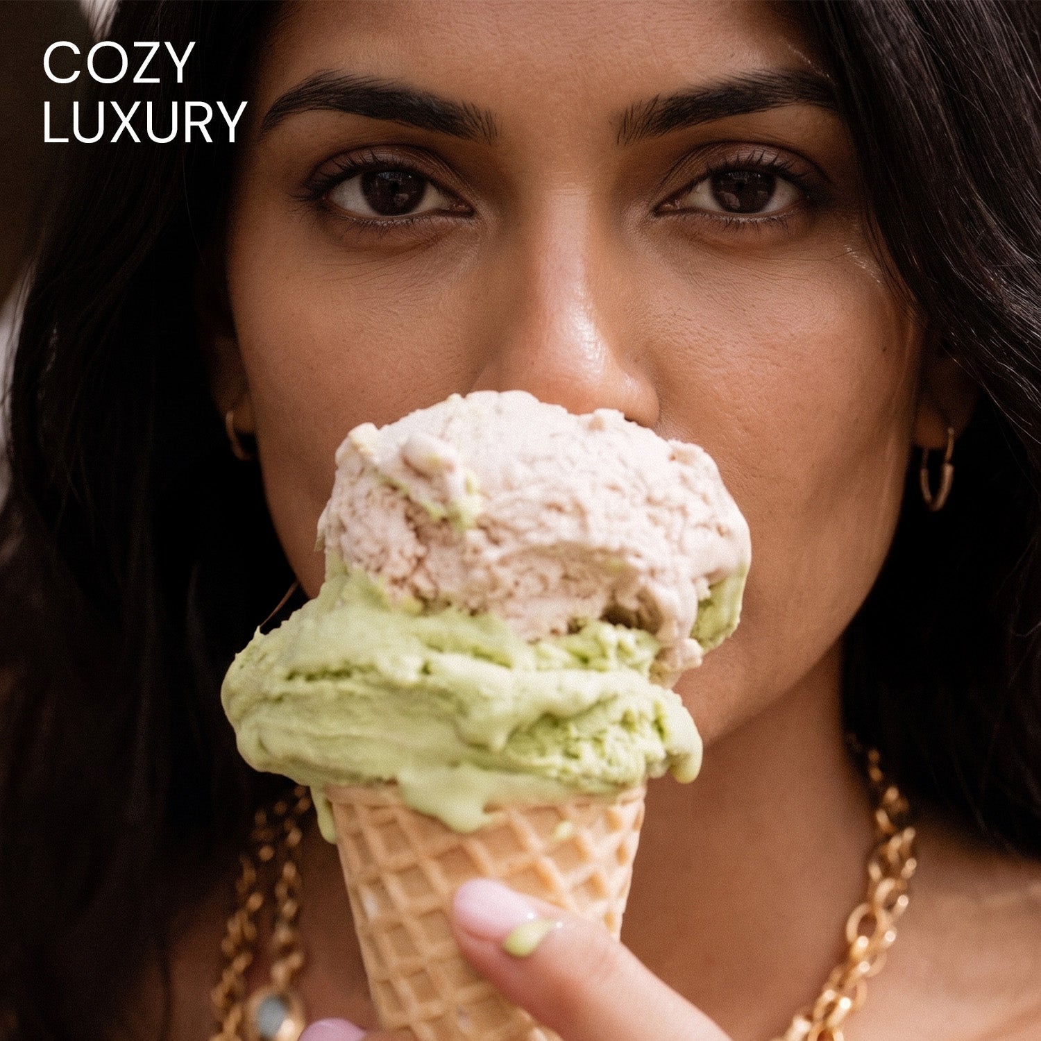  Female model enjoying pistachio ice cream inspired by Pistachio Skin Scent Body Mist