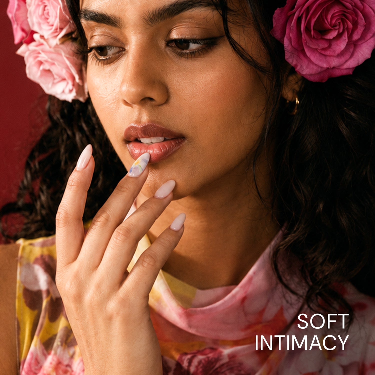  Female model representing the soft intimate fragrance of Pink Dusk Skin Scent Body Mist
