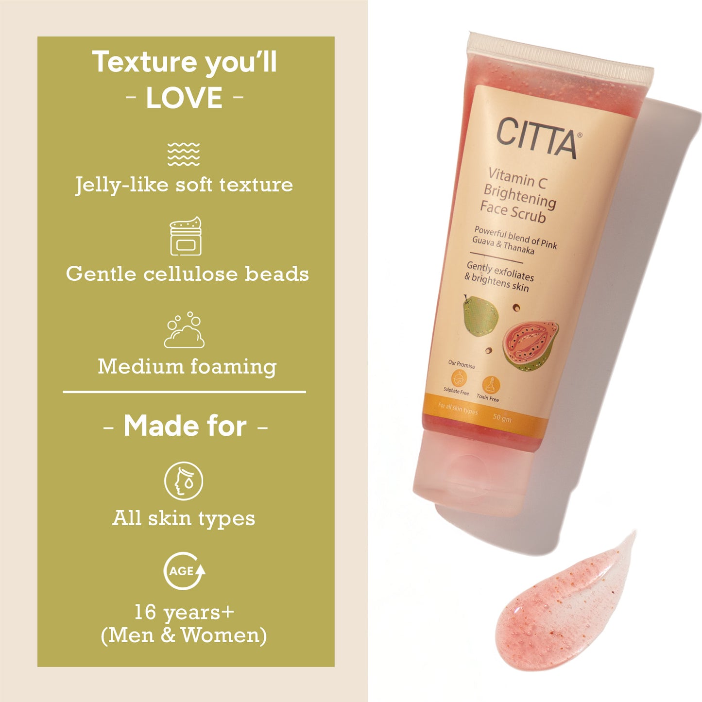 50gm $$** Gel scrub with jelly-like texture and gentle beads – vitamin C face scrub for all skin types, men and women 16+