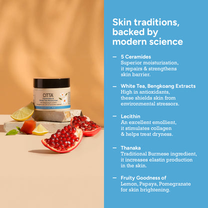  moisturizer with 5 ceramides, white tea, bengkoang, lecithin, thanaka, and fruit extracts for healthy, glowing skin
