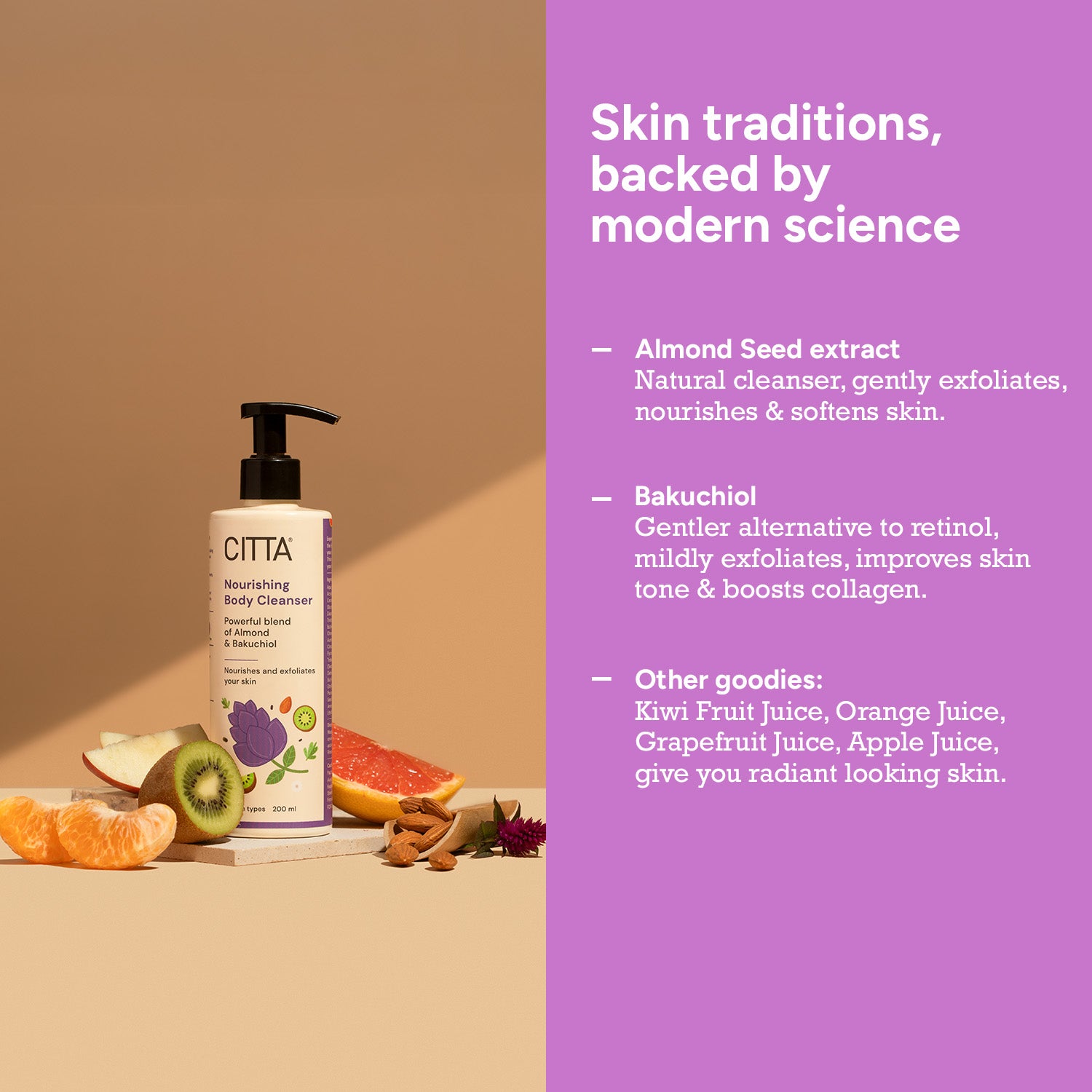  Natural Body Cleanser Gel with Almond, Bakuchiol and Fruit Extracts for Radiant Skin