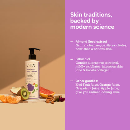  natural body cleanser gel with almond seed extract, bakuchiol, kiwi, orange, and apple juice for nourished, glowing skin