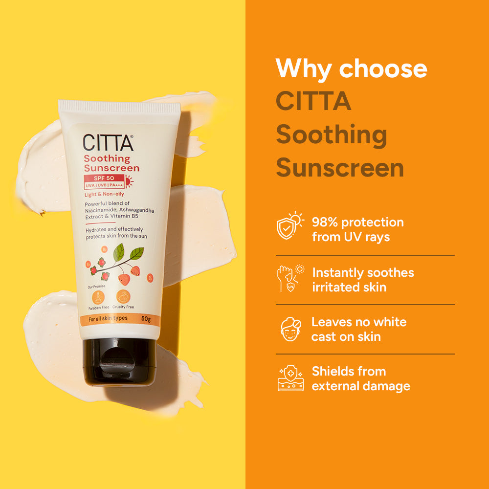 Sunscreen SPF 50 PA+++ with niacinamide that soothes irritated skin protects from UV rays and leaves no white cast