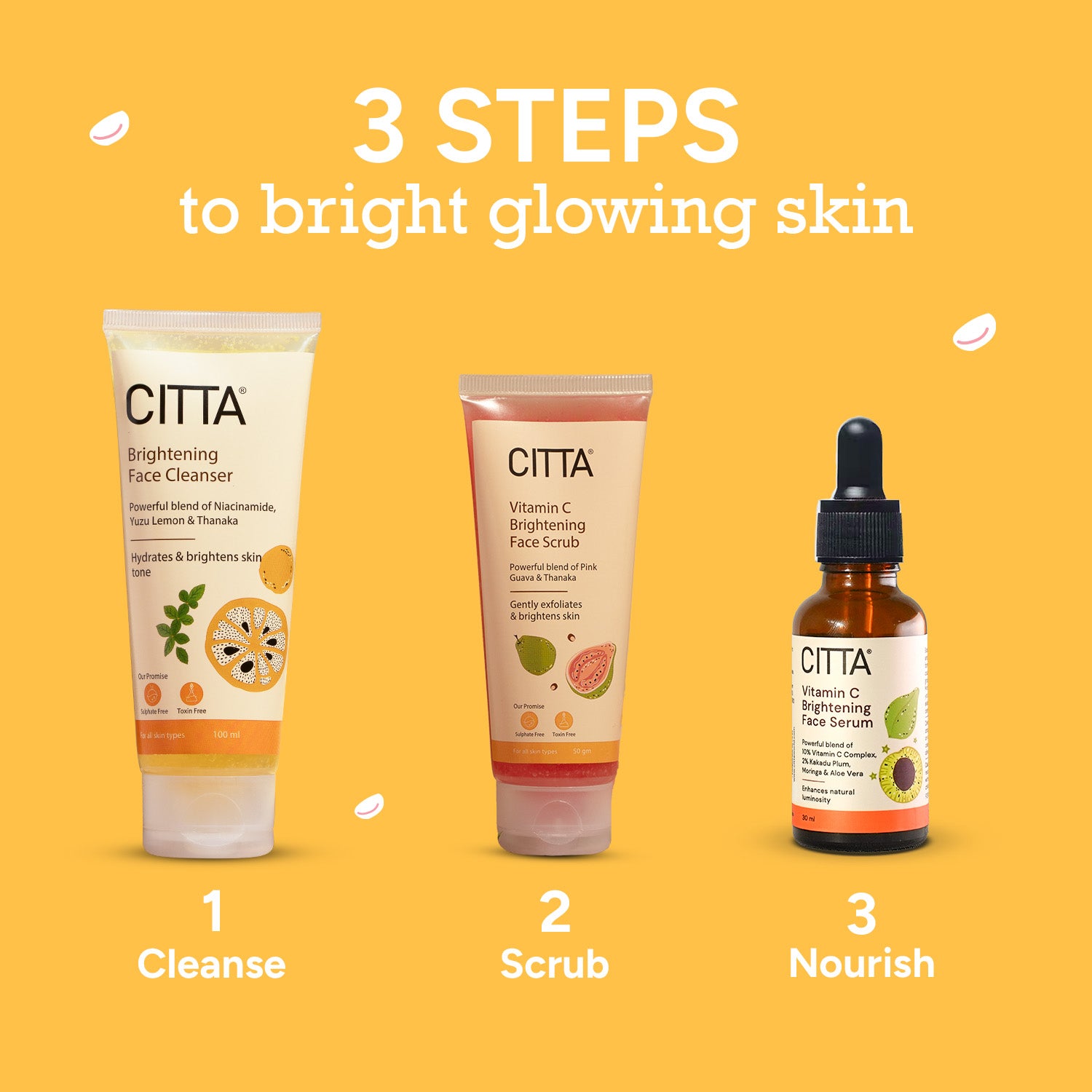  Three step brightening routine with vitamin C face wash scrub and serum