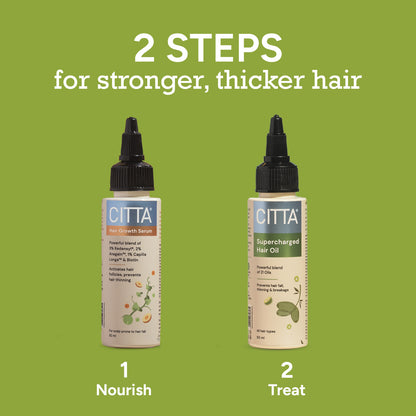  two step hair routine with supercharged hair oil and redensyl hair growth serum for thicker hair
